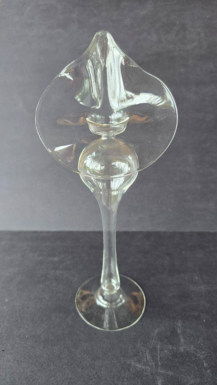 Vintage Jack-in-pulpit Hand Blown Clear Art Glass Trumpet Vase Freeform Ruffled